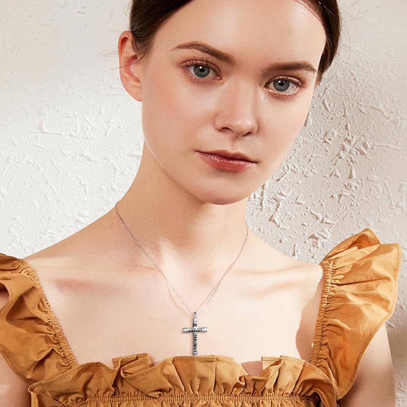 Sterling Silver Cross Pendant Necklace with Engraved Word