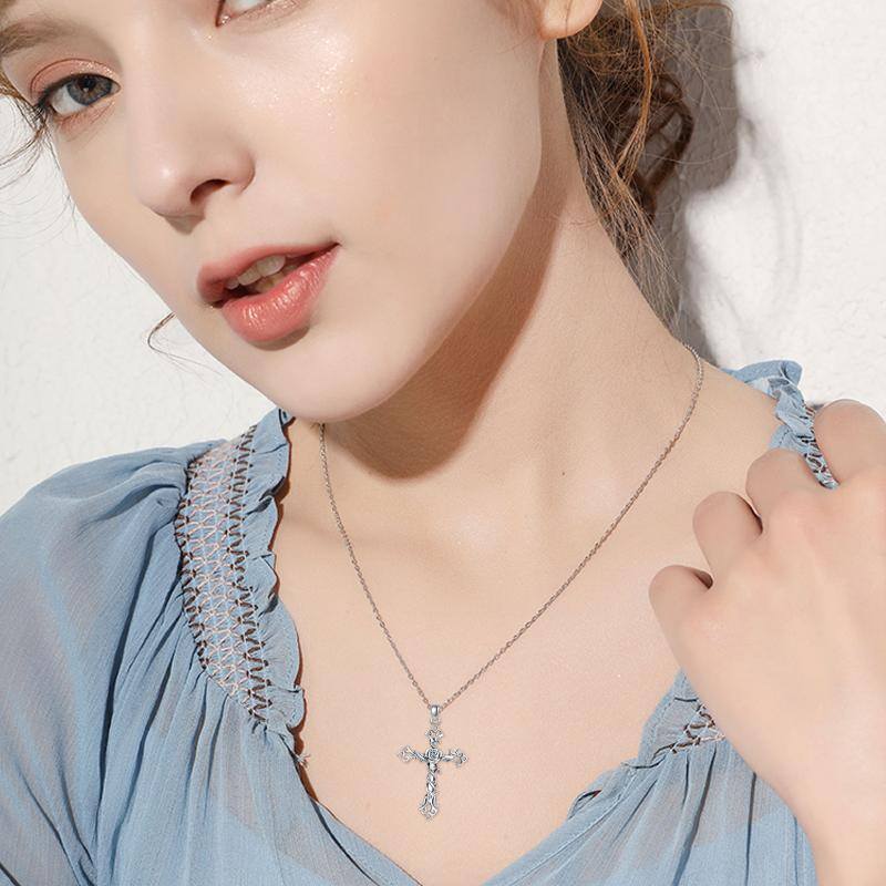 Sterling Silver Cross Rose Flower & Ivy Pendant Necklace