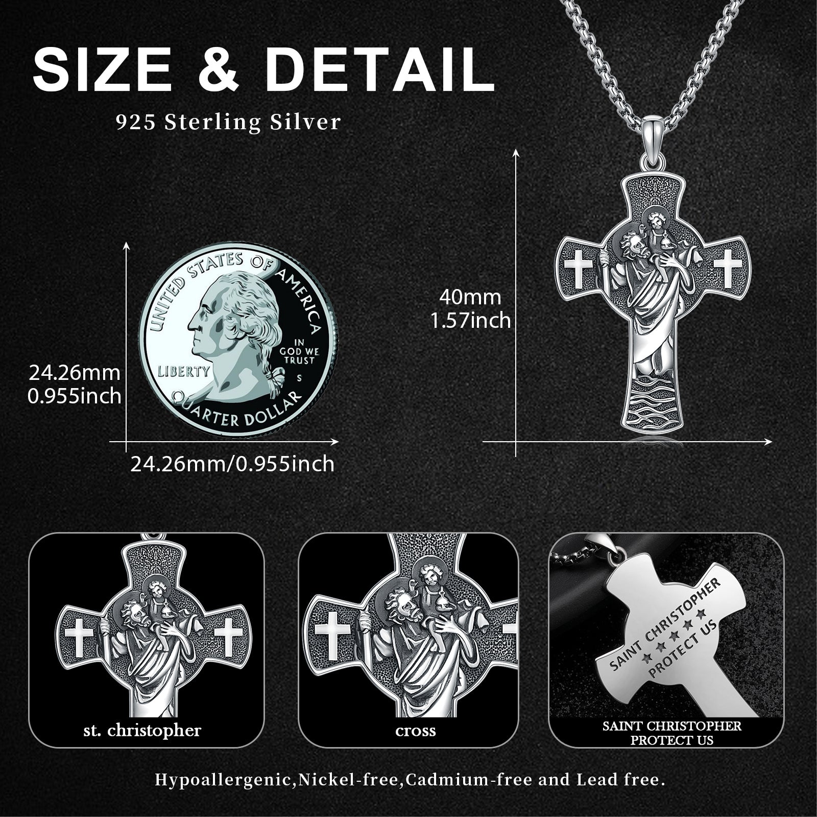 Sterling Silver Cross & Saint Christopher Pendant Necklace with Engraved Word