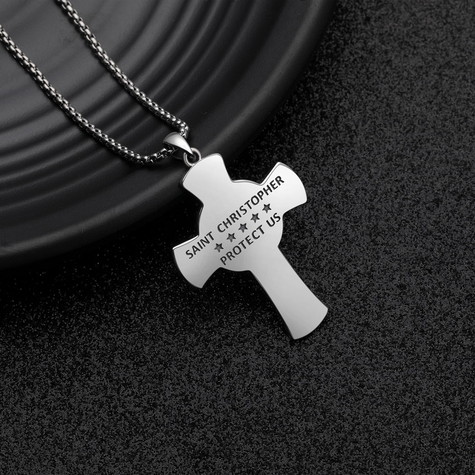 Sterling Silver Cross & Saint Christopher Pendant Necklace with Engraved Word