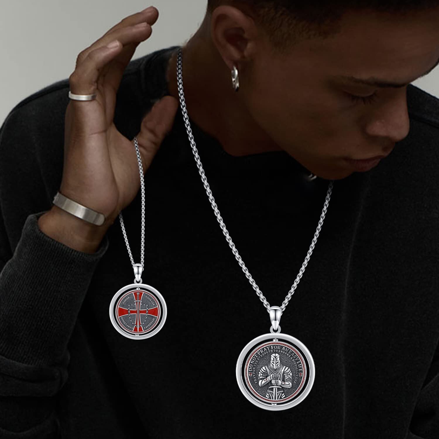 Sterling Silver Cross & Shield Spinner Necklace