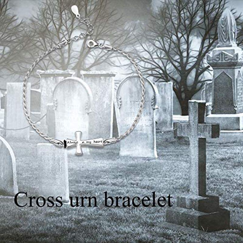 Sterling Silver Cross Urn Bracelet for Ashes with Engraved Word