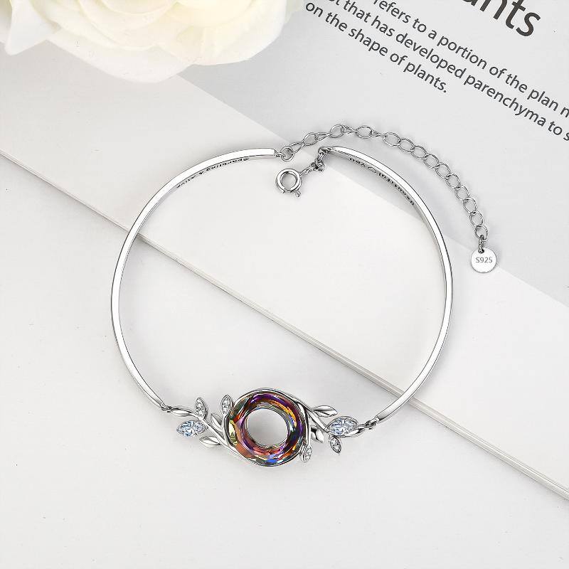 Sterling Silver Crystal Leaves Pendant Bangle Bracelet