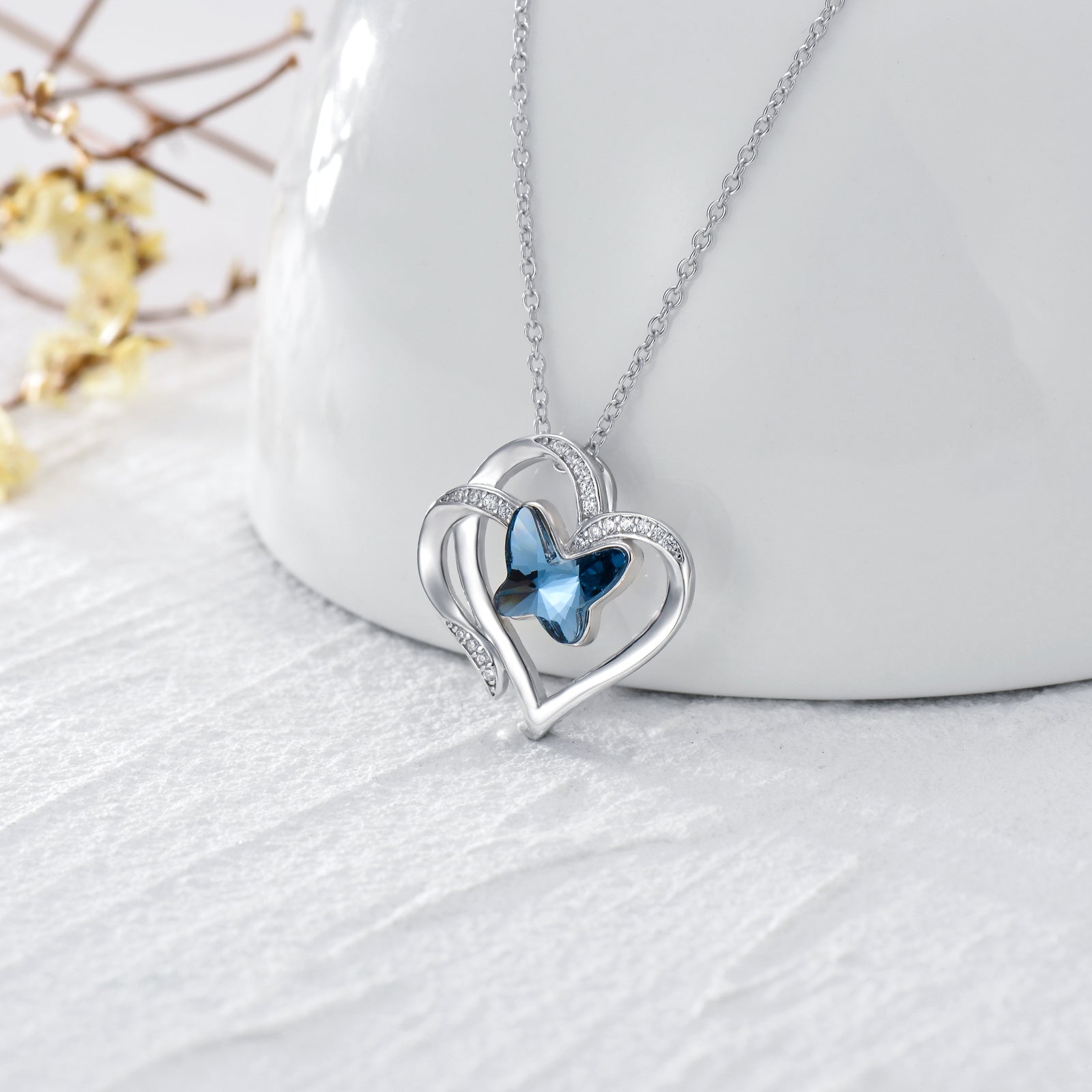 Sterling Silver Crystal Butterfly Double Heart Pendant Necklace