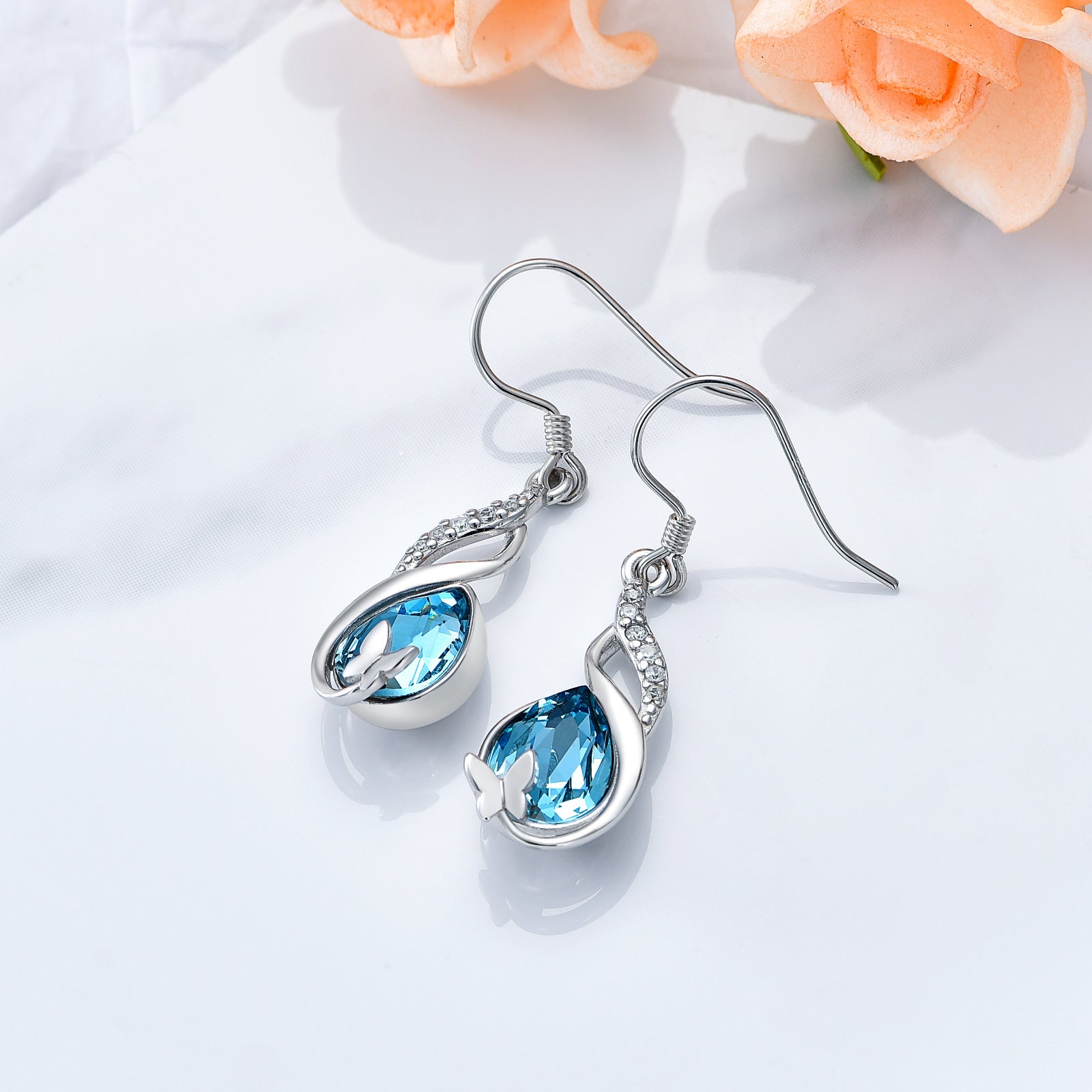 Sterling Silver Crystal Butterfly Drop Earrings
