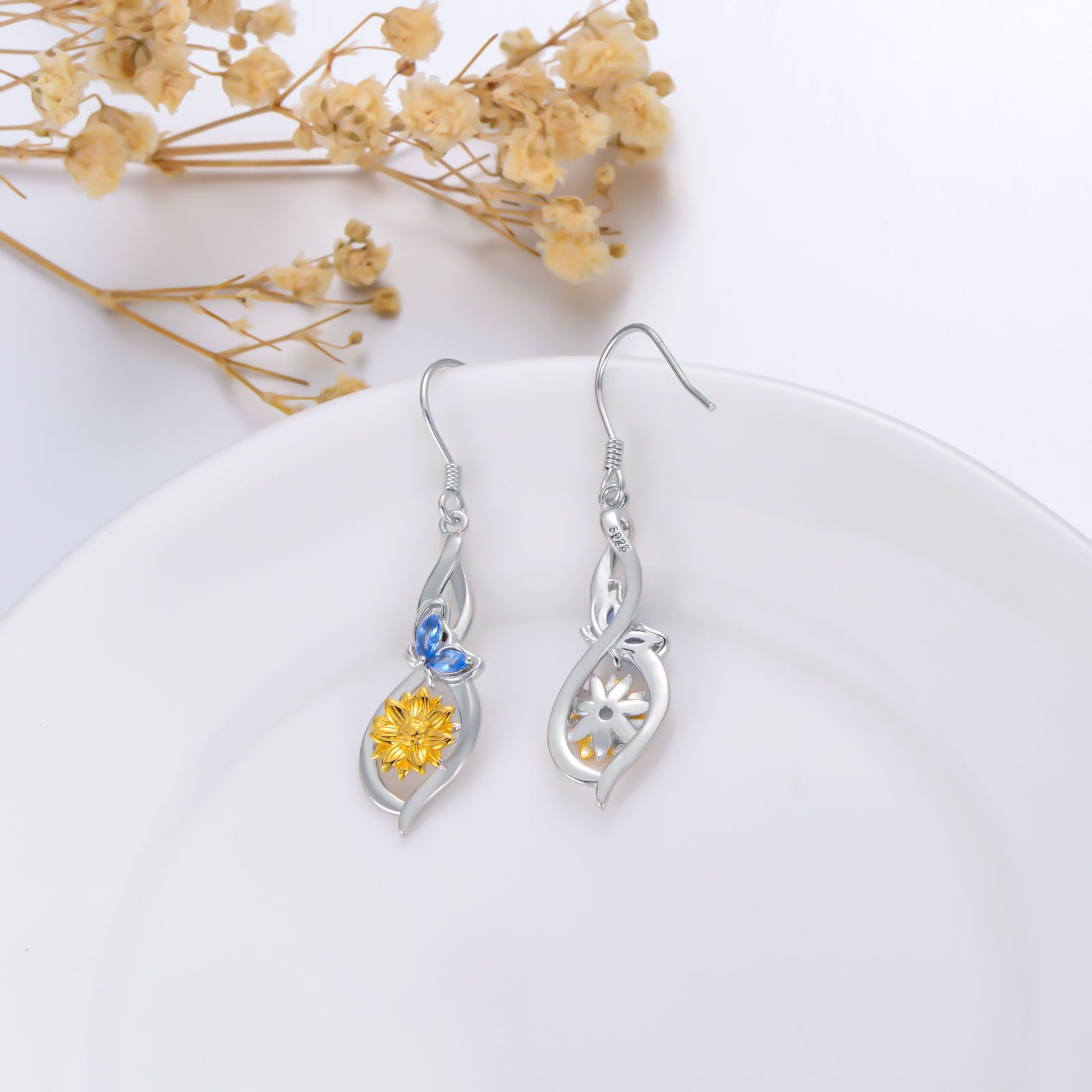Sterling Silver Crystal Butterfly & Sunflower Drop Earrings