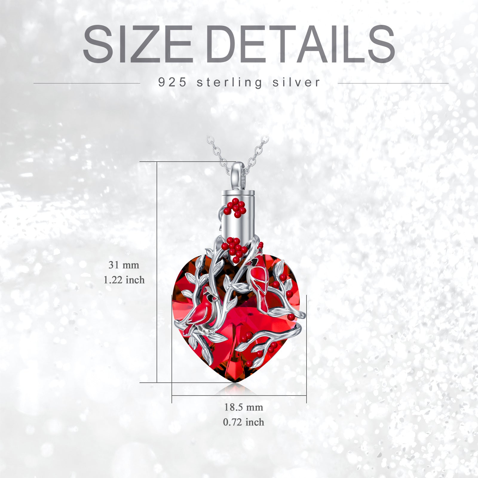 Sterling Silver Crystal Cardinal & Heart Urn Necklace for Ashes