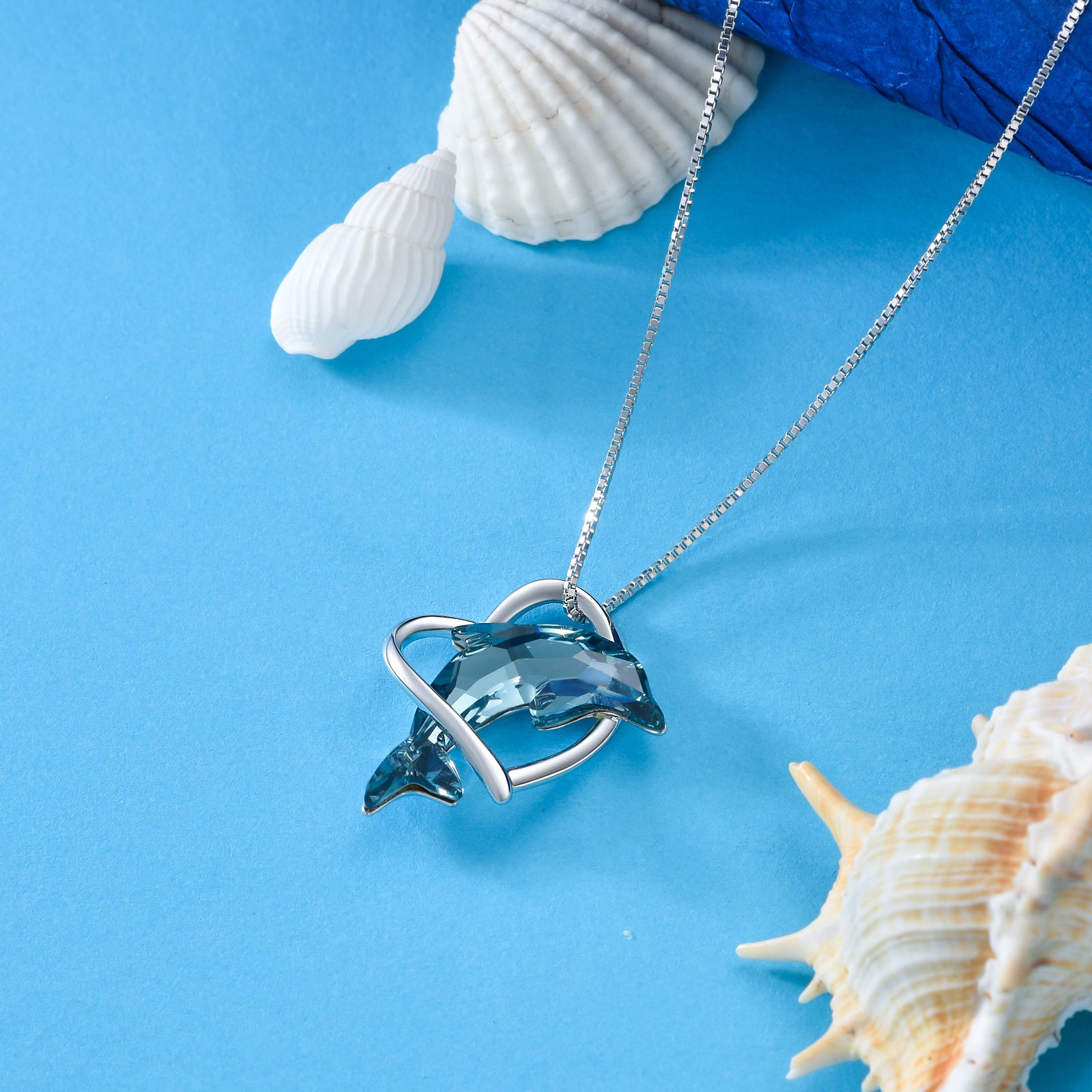 Sterling Silver Crystal Dolphin & Heart Pendant Necklace