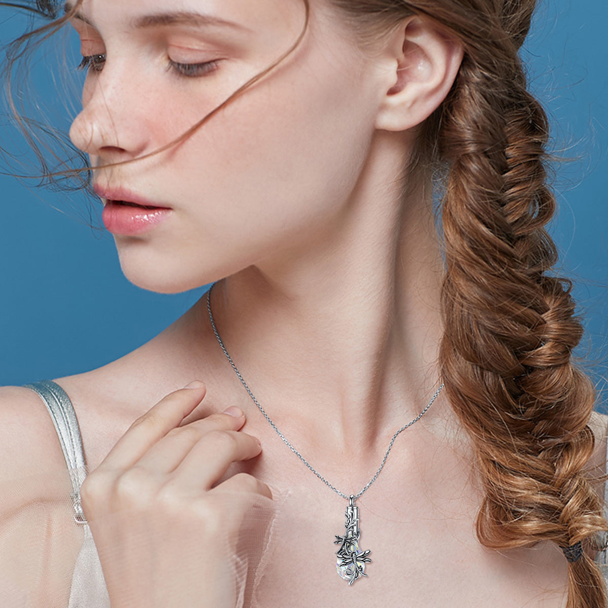 Sterling Silver Crystal Dragonfly & Ivy Urn Necklace for Ashes