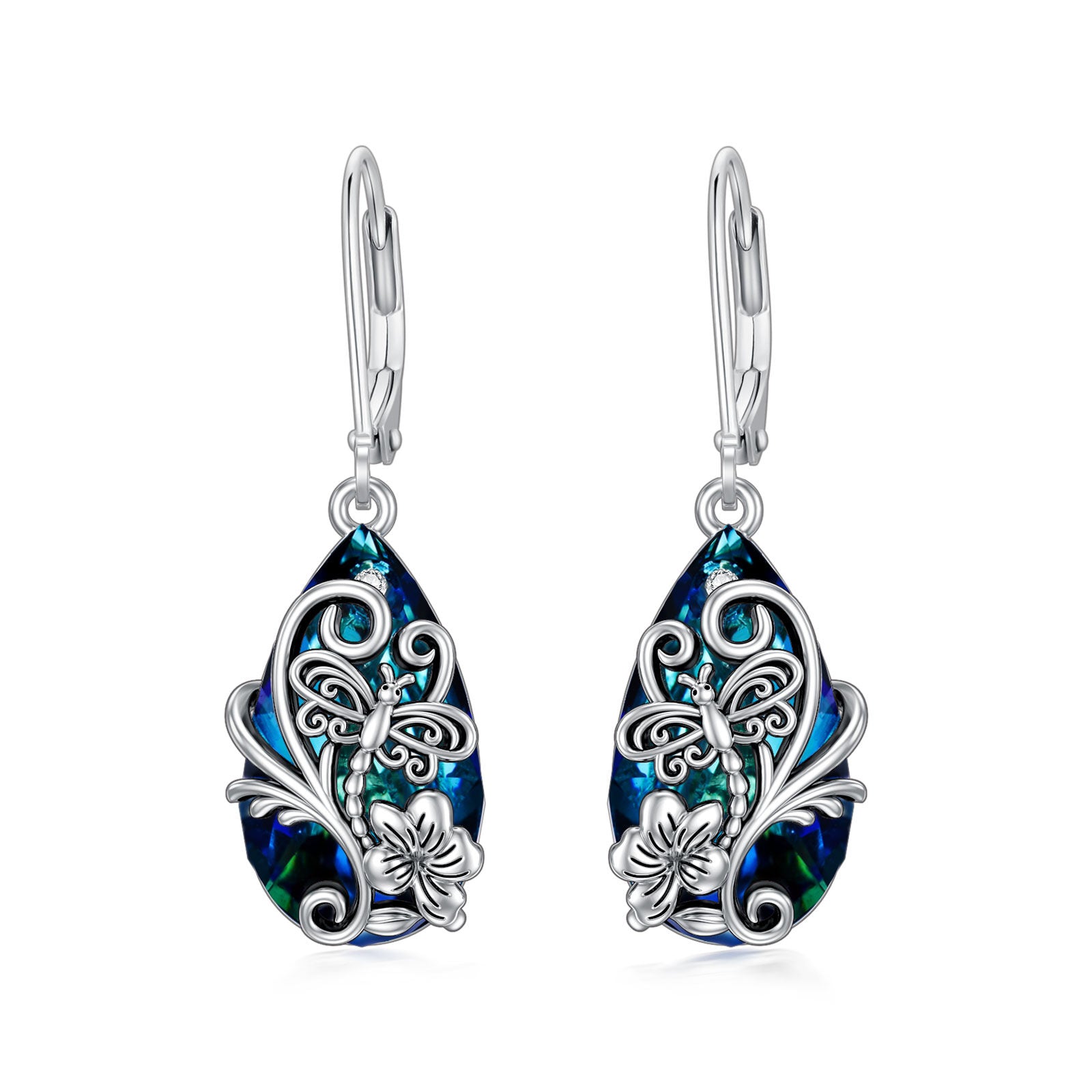 Sterling Silver Crystal & Cubic Zirconia Dragonfly Lever-back Earrings