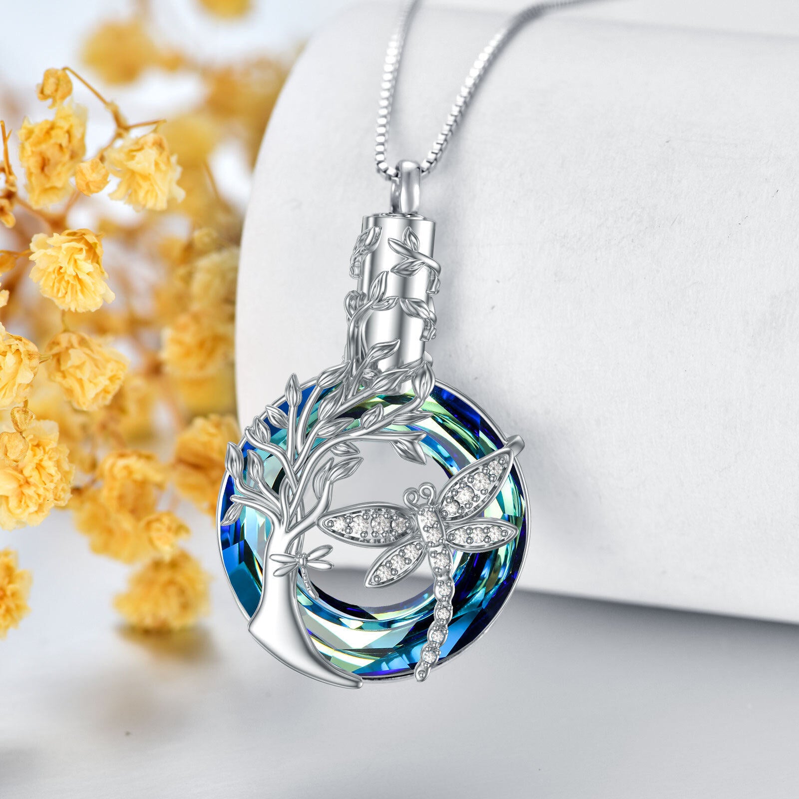Sterling Silver Crystal Dragonfly & Tree Of Life Urn Necklace for Ashes