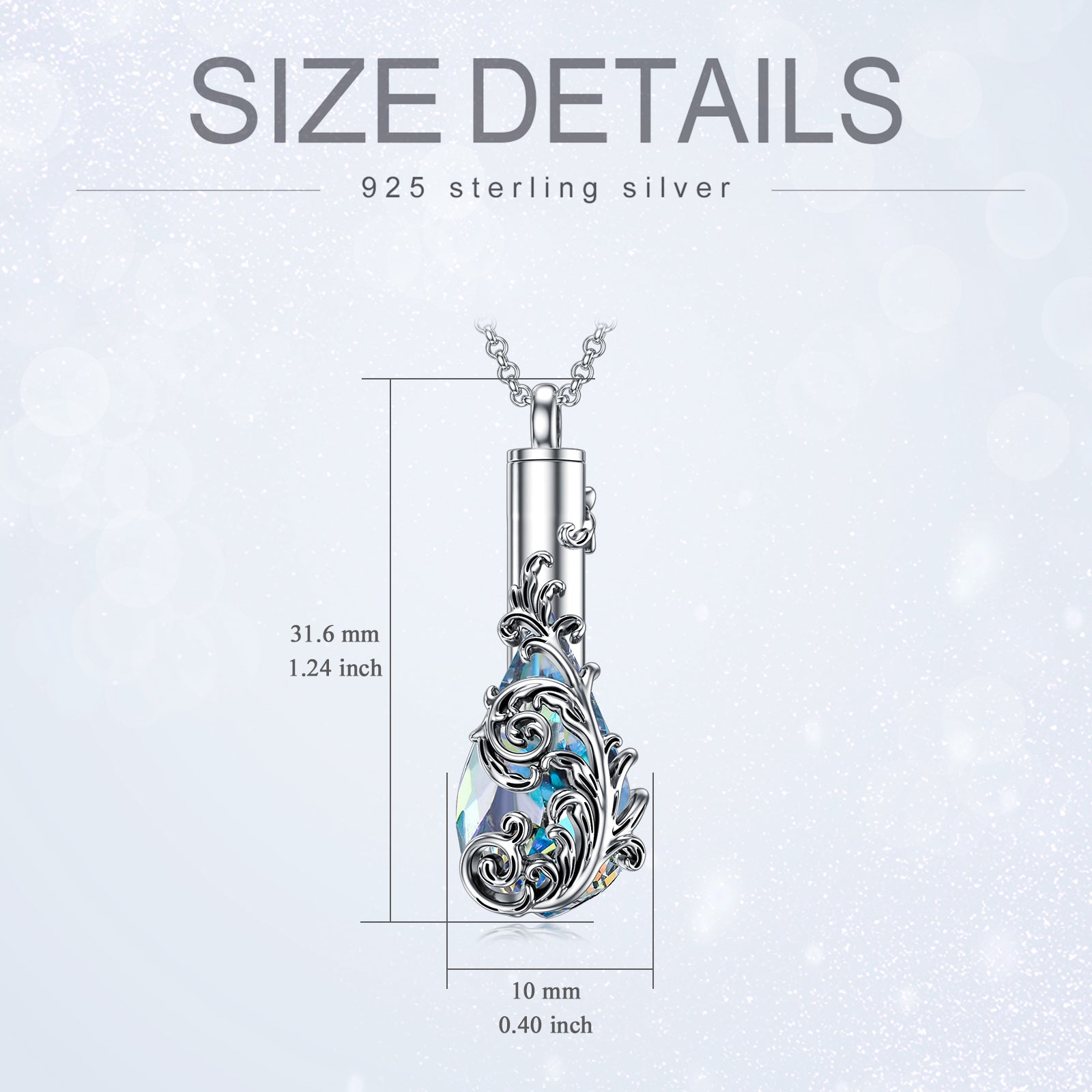 Sterling Silver Crystal Filigree Drop Shape Urn Necklace for Ashes