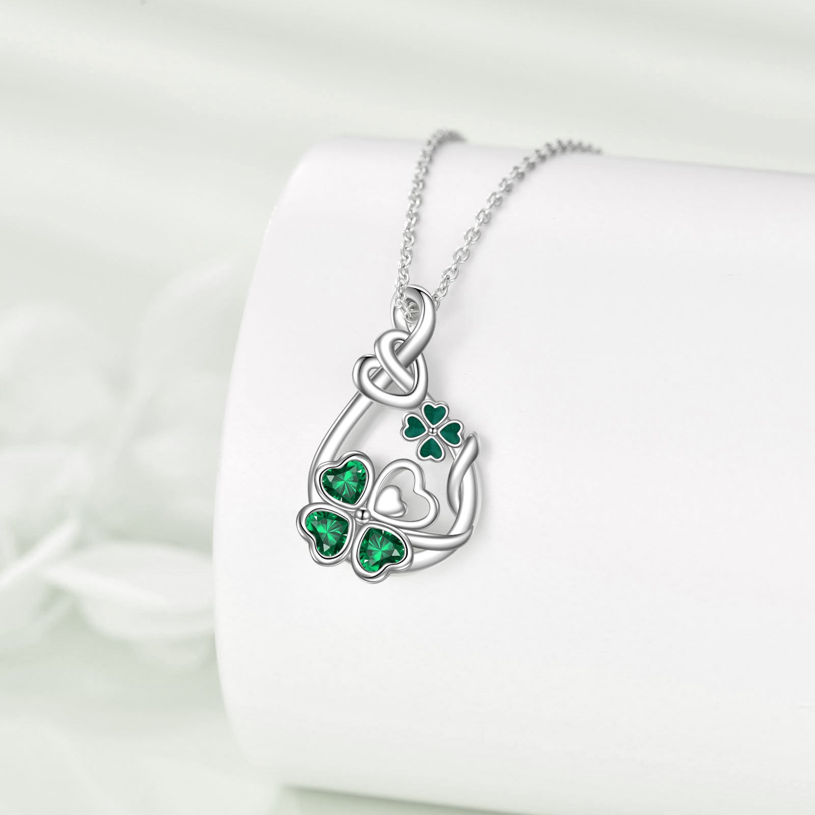 Sterling Silver Heart Crystal Green Four Leaf Clover Knot Pendant Necklace For Women Best Friends