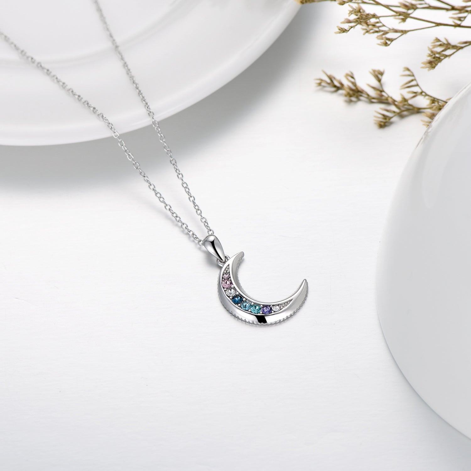 Sterling Silver Crystal Moon Pendant Necklace for Women Girls
