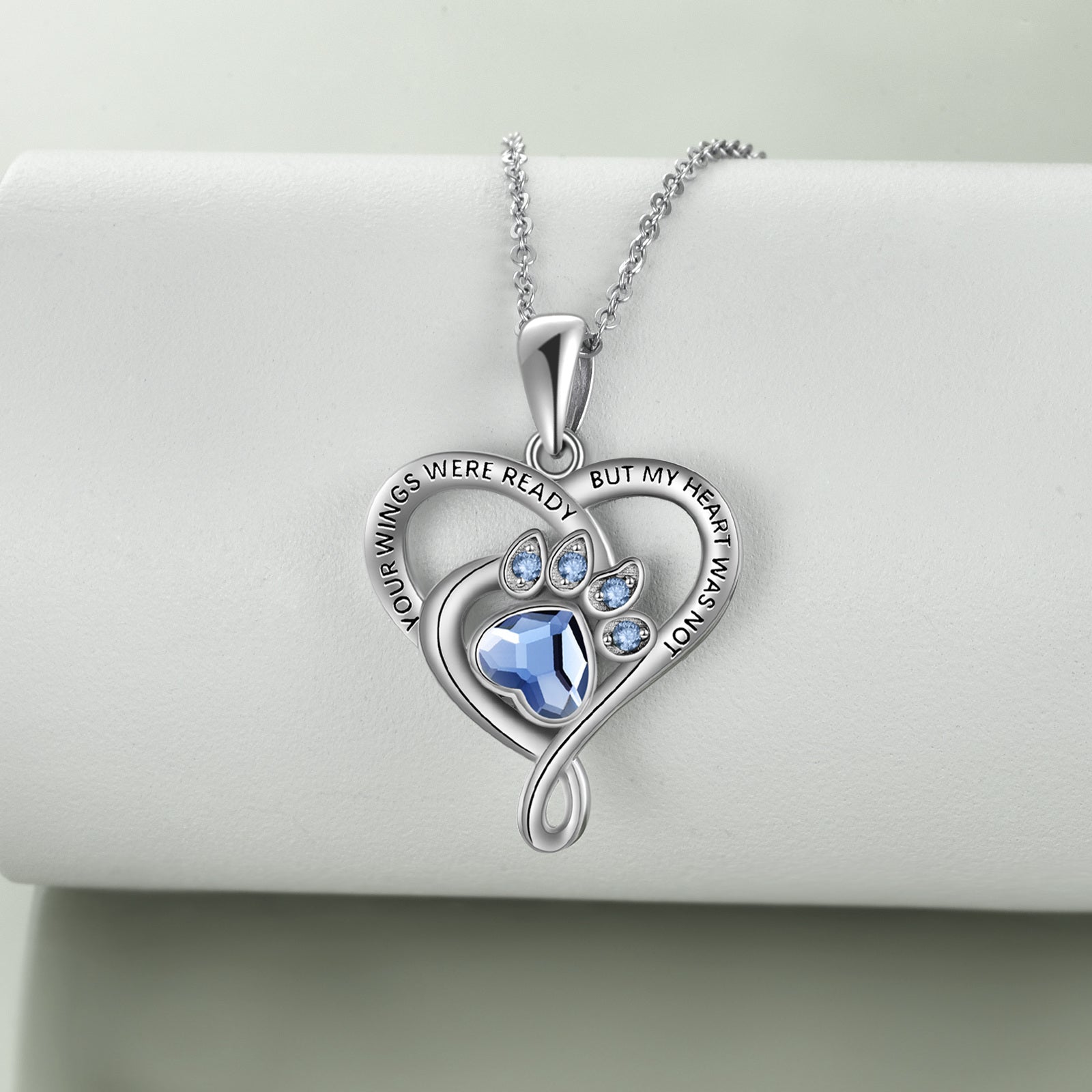 Sterling Silver Crystal Paw & Heart Urn Necklace for Ashes with Engraved Word