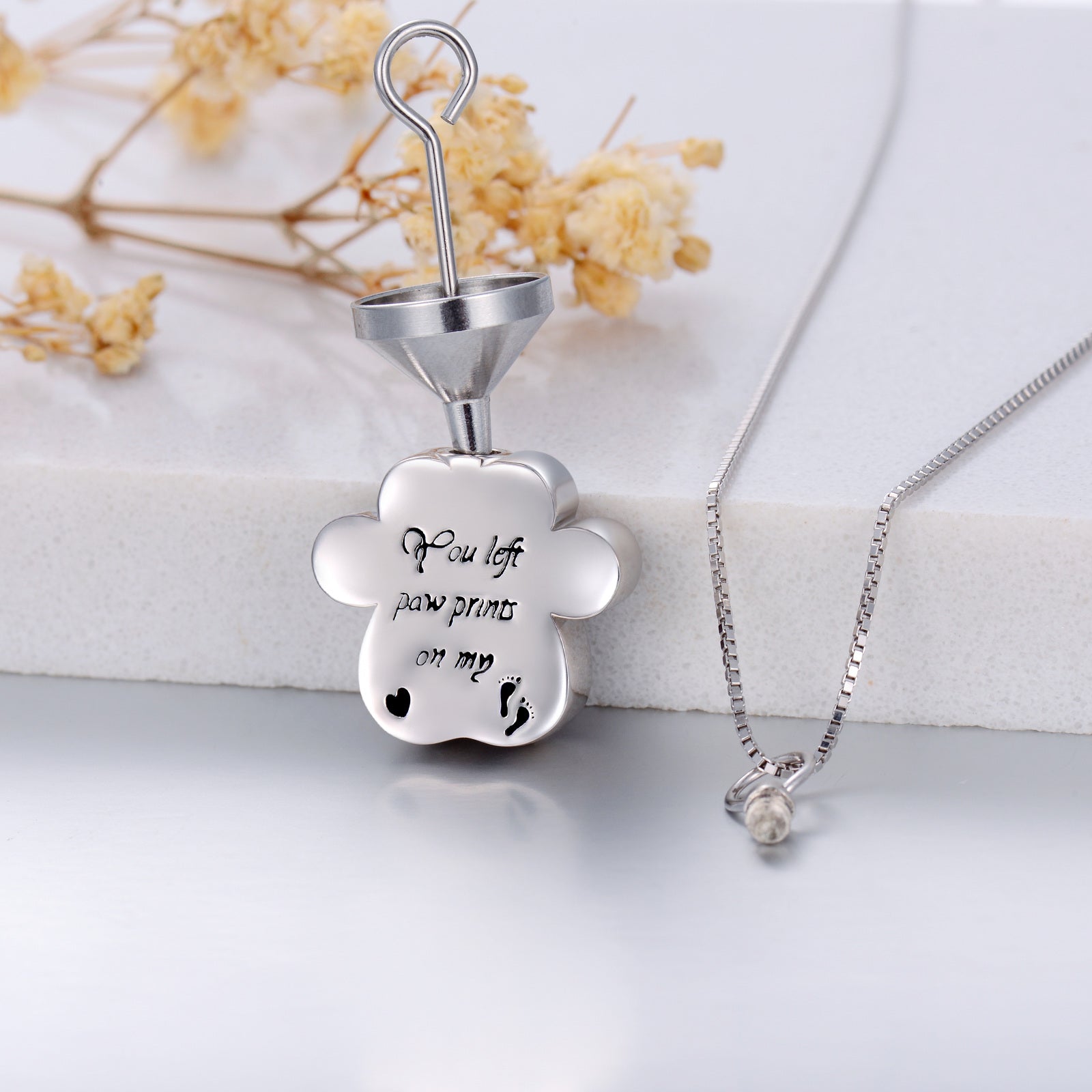 Sterling Silver Crystal Paw Urn Necklace for Ashes with Engraved Word