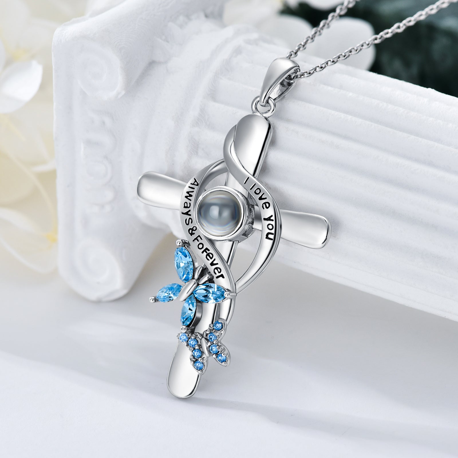 Sterling Silver Personalized Projection With Crystal Butterfly & Cross Pendant Necklace For Women