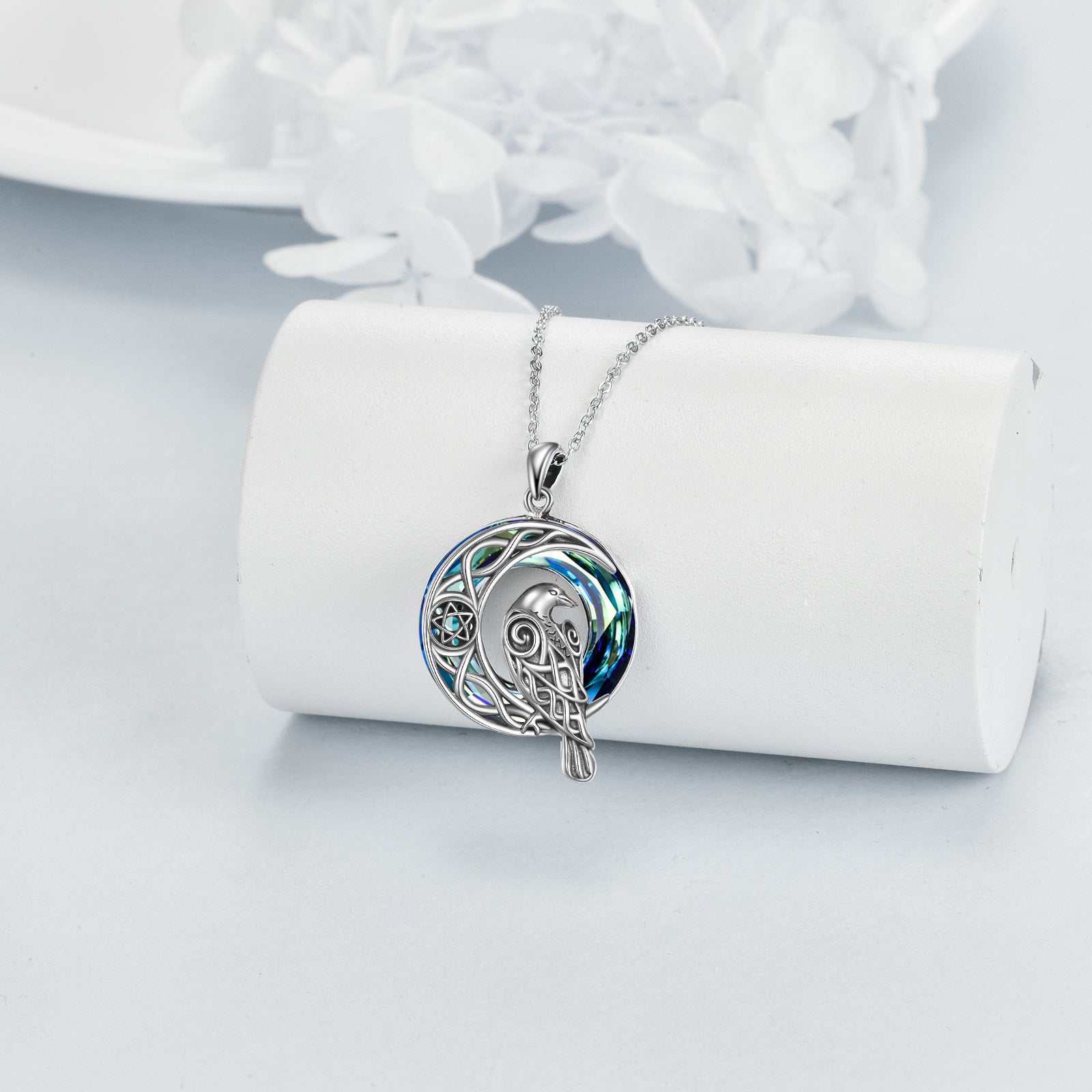 Sterling Silver Crystal Raven & Celtic Knot Pendant Necklace