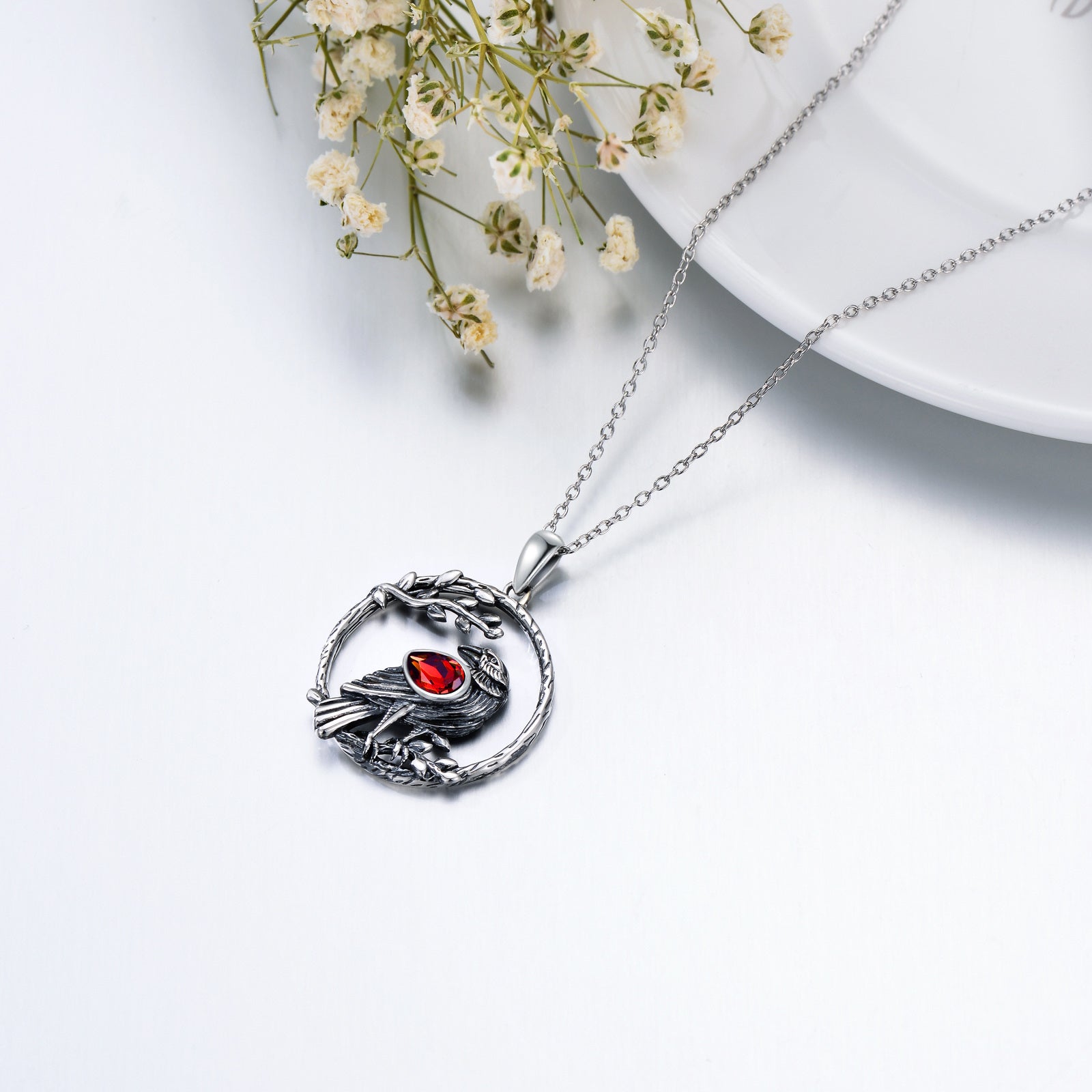 Sterling Silver Crystal Raven Pendant Necklace