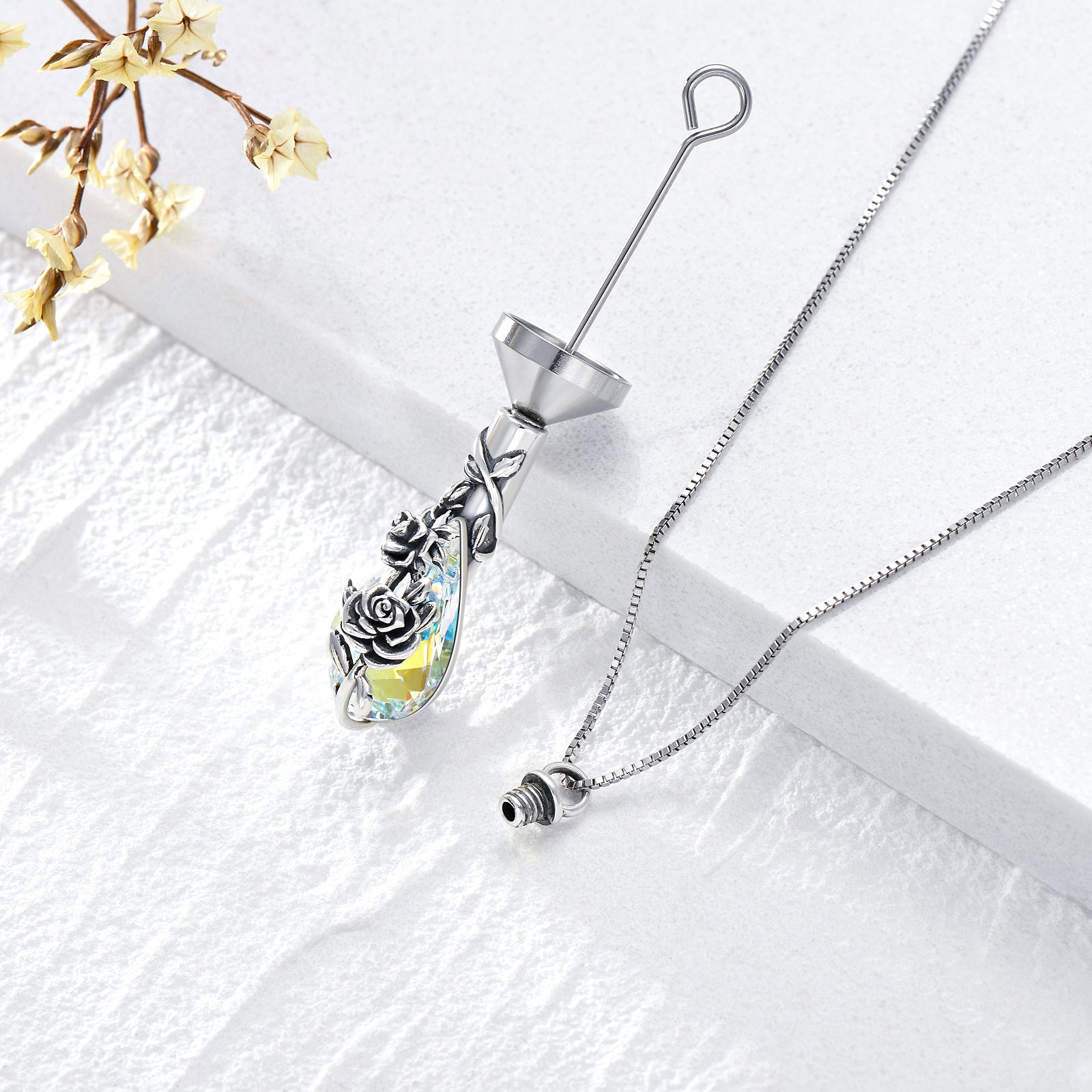 Sterling Silver Crystal Rose & Drop Shape Urn Necklace for Ashes