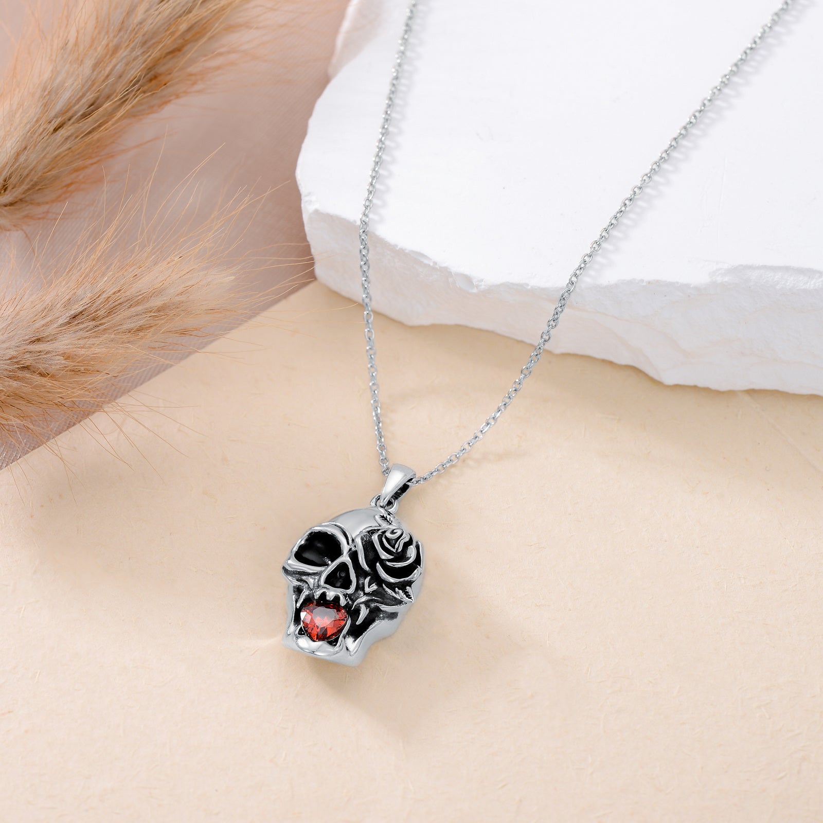 Sterling Silver Crystal Rose & Skull Pendant Necklace