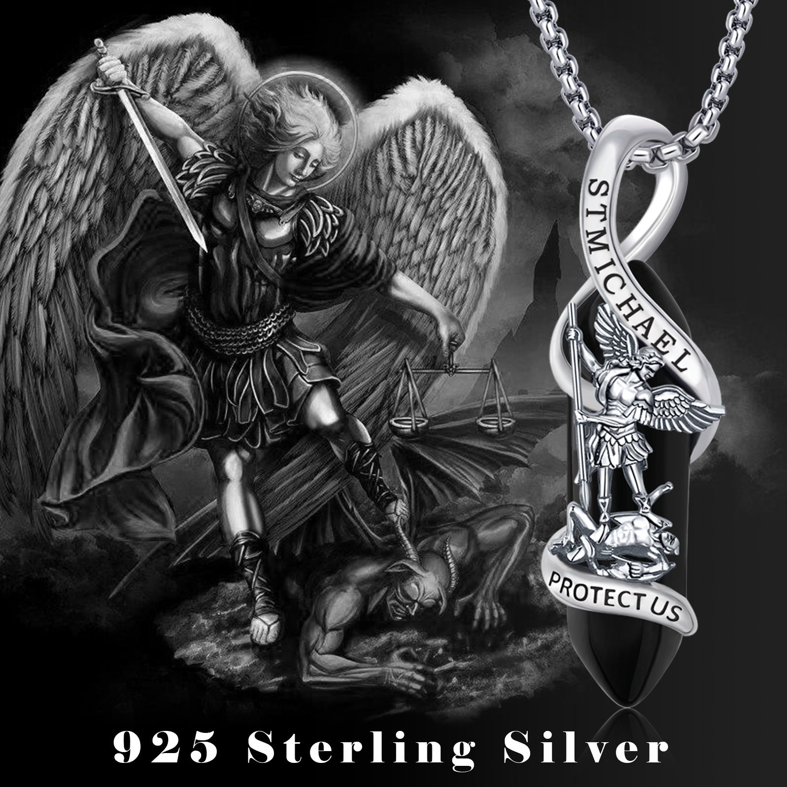 Sterling Silver Crystal Saint Michael Pendant Necklace with Engraved Word