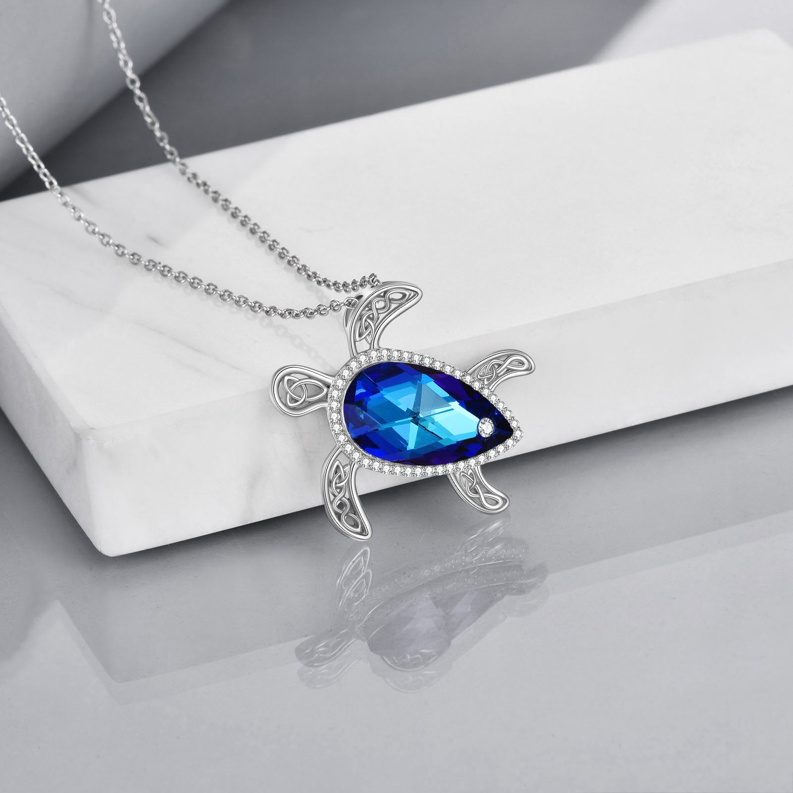 Sterling Silver Crystal Sea Turtle Pendant Necklace
