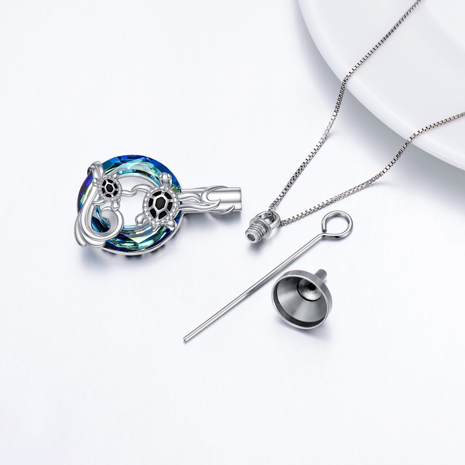 Sterling Silver Crystal Sea Turtle Urn Necklace for Ashes