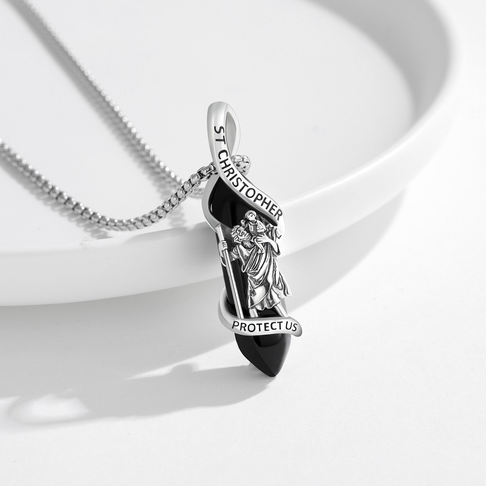 Sterling Silver Crystal St. Christopher Pendant Necklace with Engraved Word