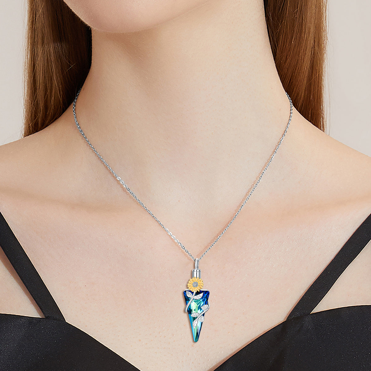 Sterling Silver Crystal Sunflower & Triangle Urn Necklace for Ashes
