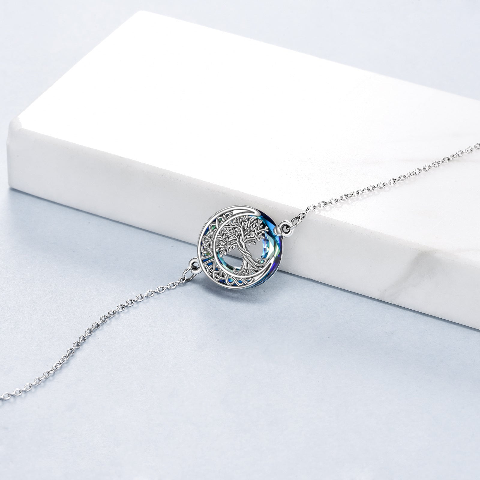Sterling Silver Round Crystal Tree Of Life & Celtic Knot Moon Charm Bracelet For Women