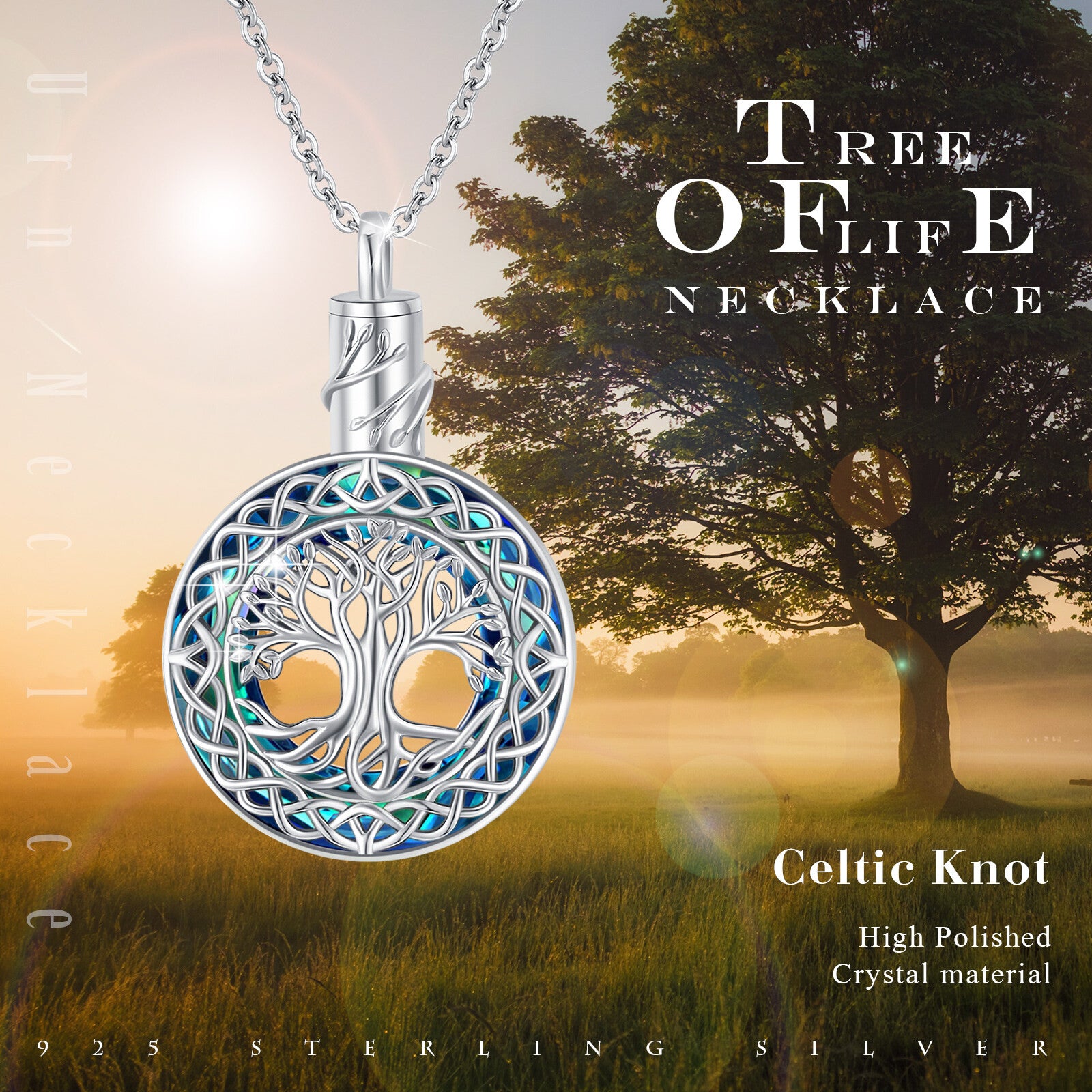 Sterling Silver Crystal Tree Of Life & Celtic Knot Urn Necklace for Ashes