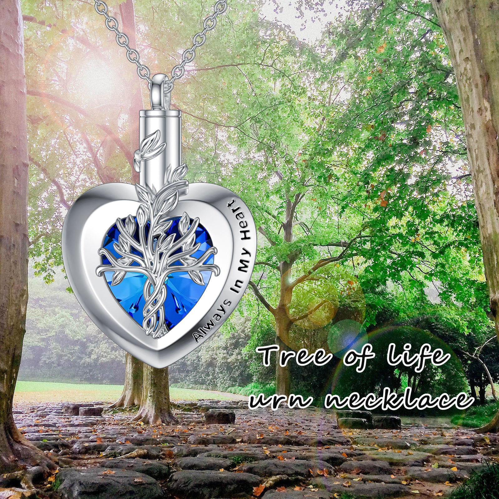 Sterling Silver Crystal Tree Of Life & Heart Urn Necklace for Ashes with Engraved Word