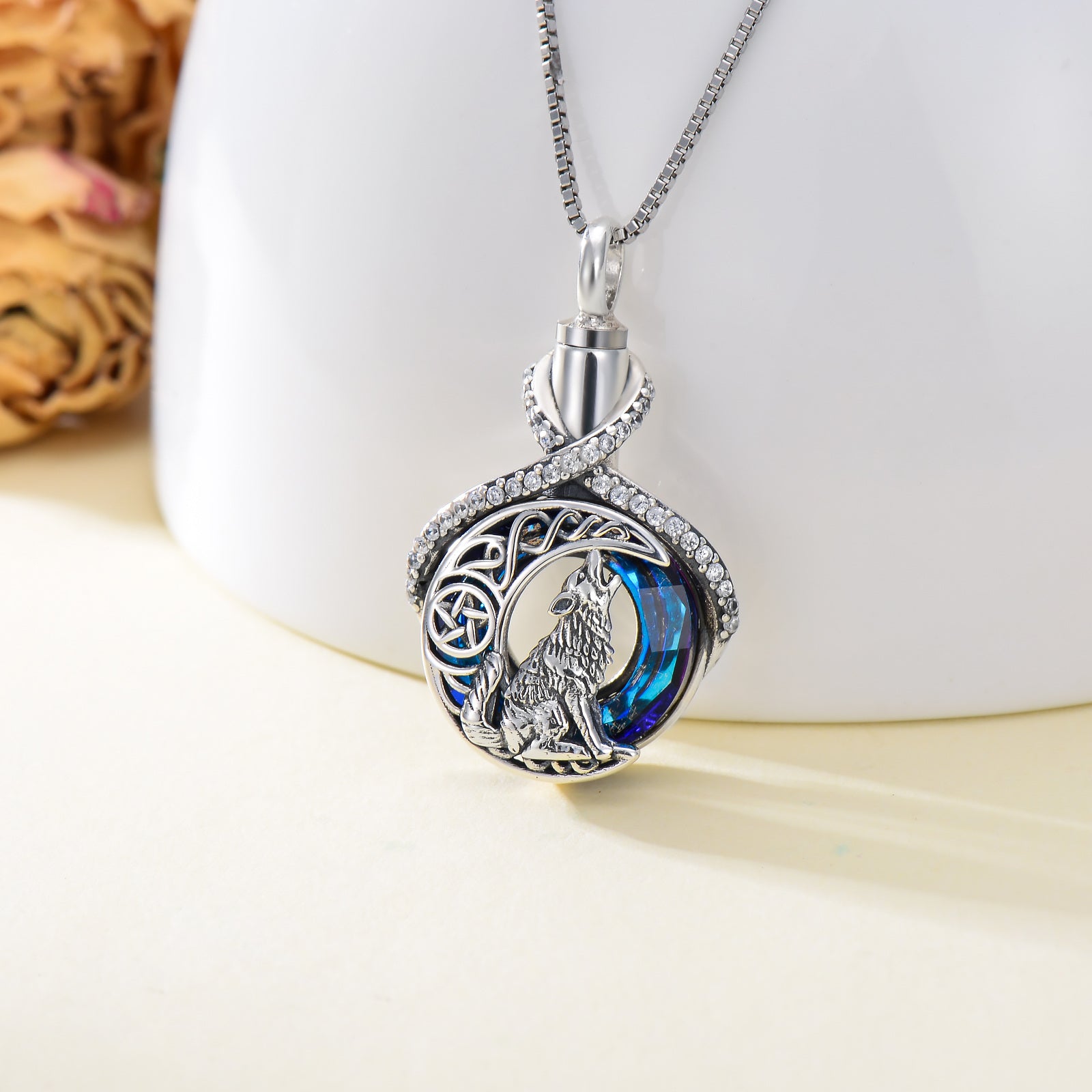 Sterling Silver Crystal With Cubic Zirconia Wolf & Infinity Symbol Urn Necklace For Ashes