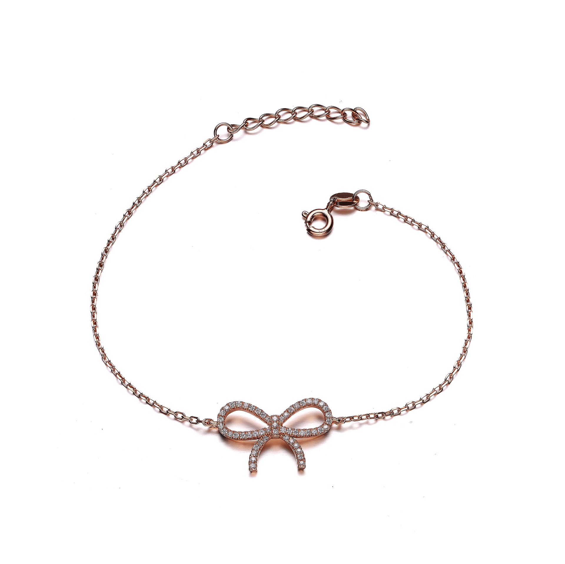 Sterling Silver Rose Gold Plated With Clear Cubic Zirconia Bracelet With Bow Design