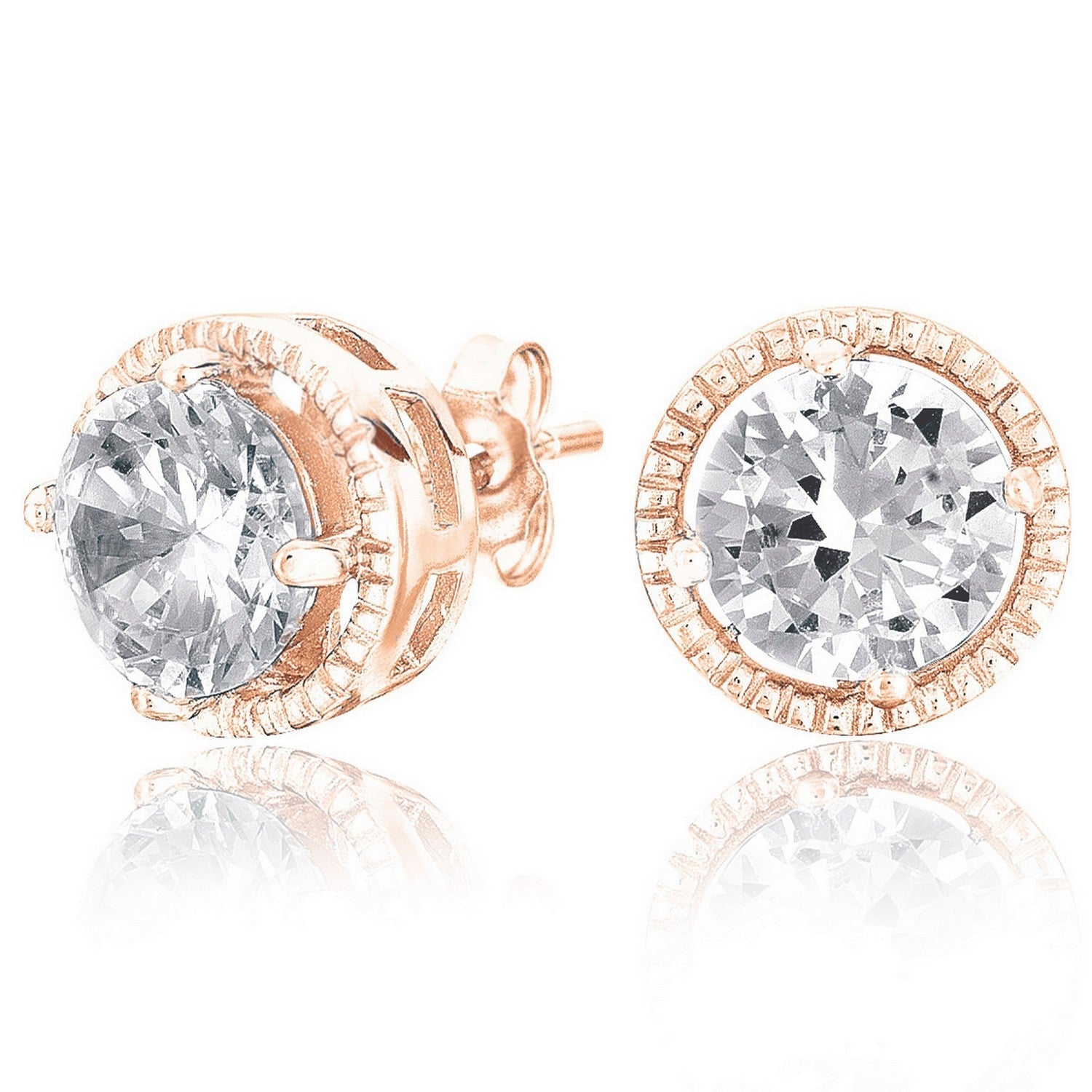 Rose Gold Plated Sterling Silver Cubic Zirconia Button Stud Earrings