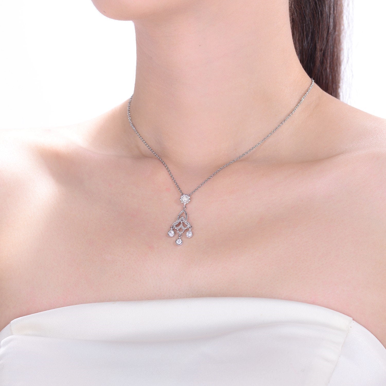 Sterling Silver Cubic Zirconia Chandelier Necklace
