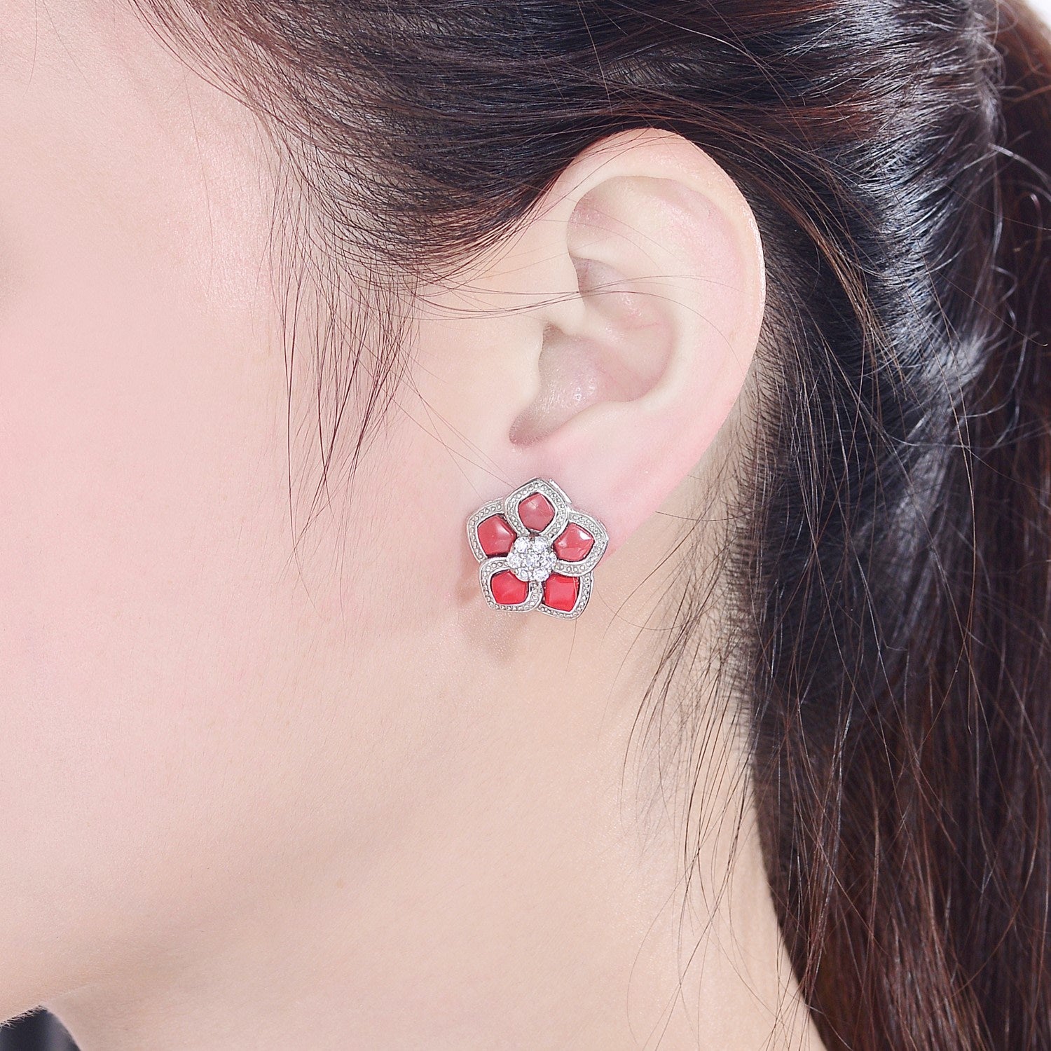 Sterling Silver Cubic Zirconia Coral Flower Earrings