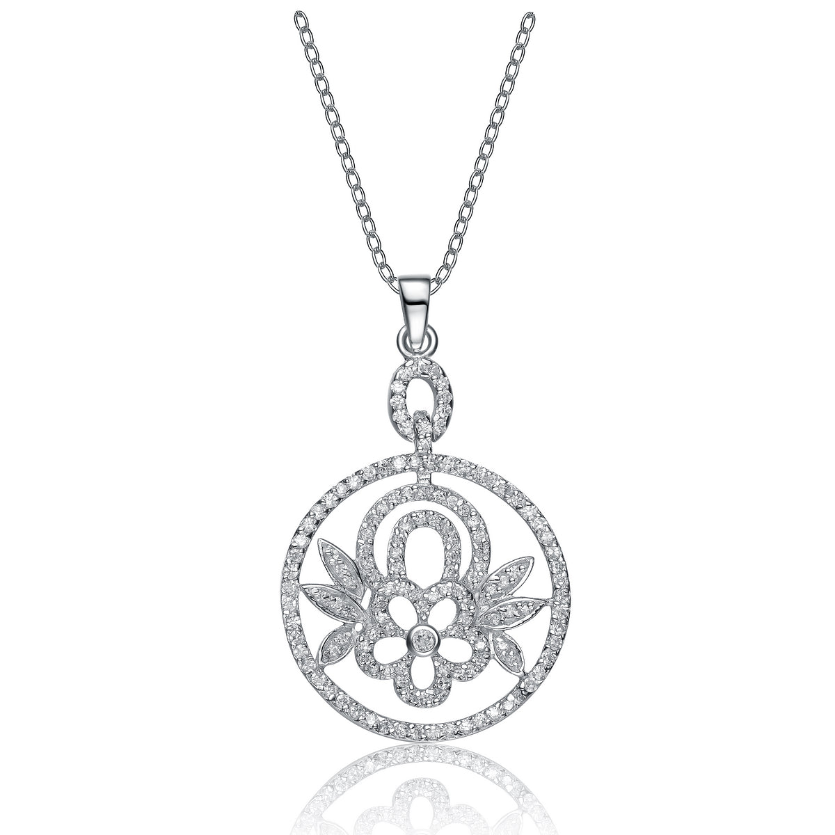 Sterling Silver Cubic Zirconia Dangling Flower Pendant Necklace
