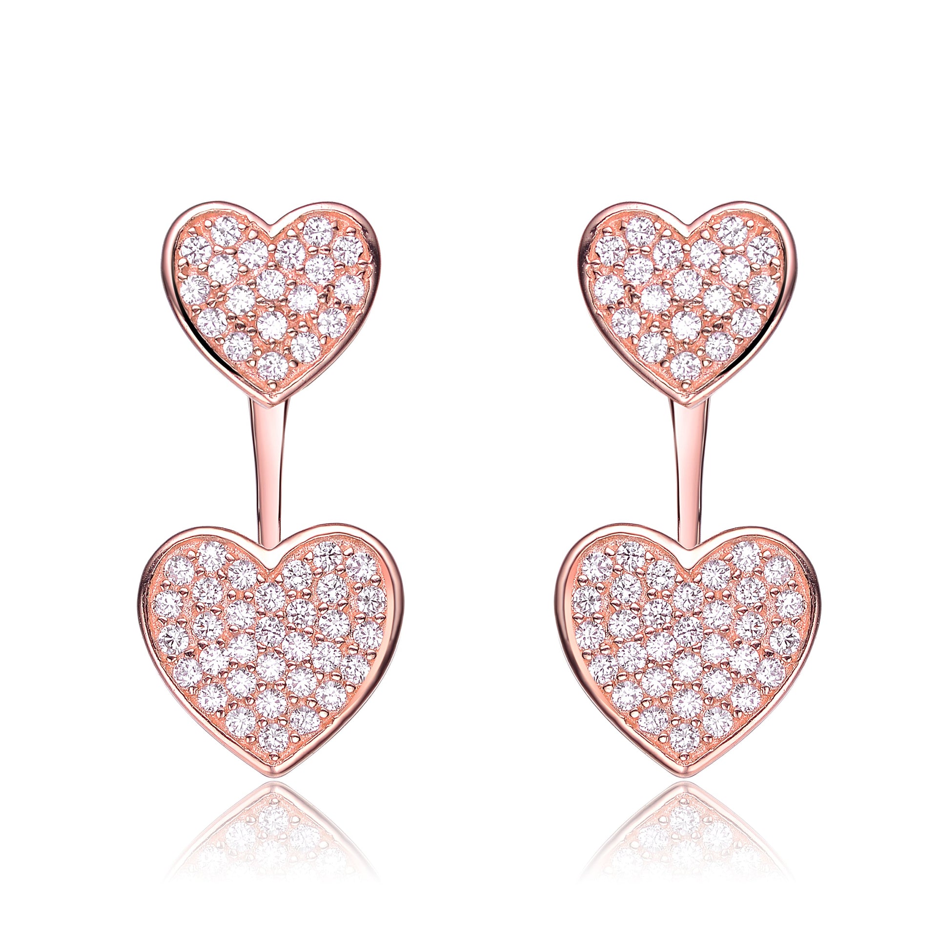 Sterling Silver Rose Gold Plated Cubic Zirconia Double Heart Jacket Earrings