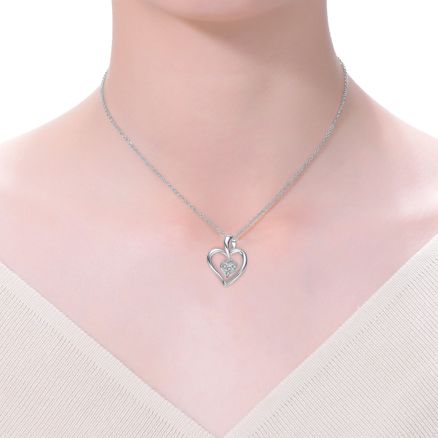 Sterling Silver White Gold Plated With Clear Cubic Zirconia Double Heart Necklace