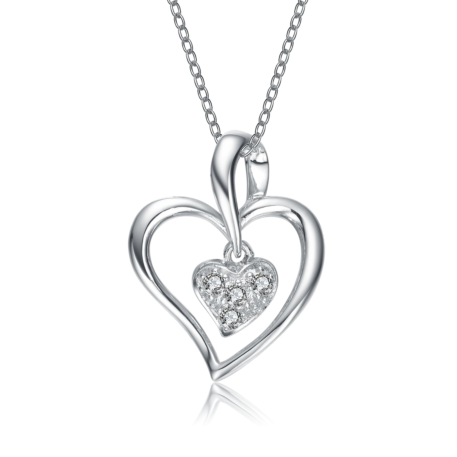 Sterling Silver White Gold Plated With Clear Cubic Zirconia Double Heart Necklace