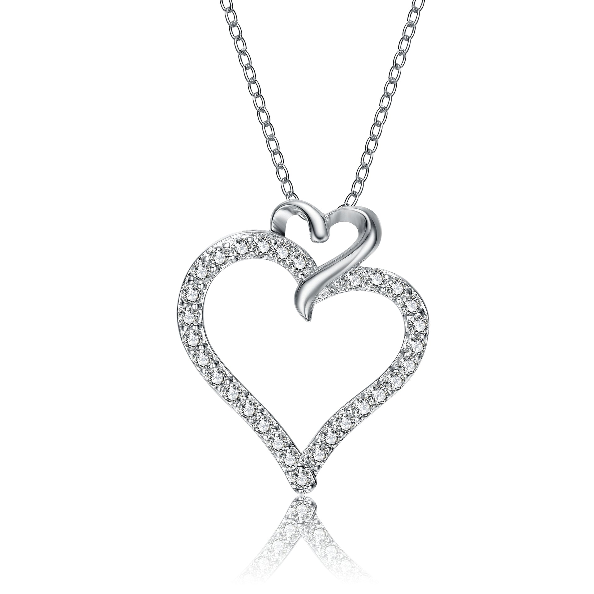 Sterling Silver White Gold Plated With Clear Cubic Zirconia Double Heart Pendant Necklace