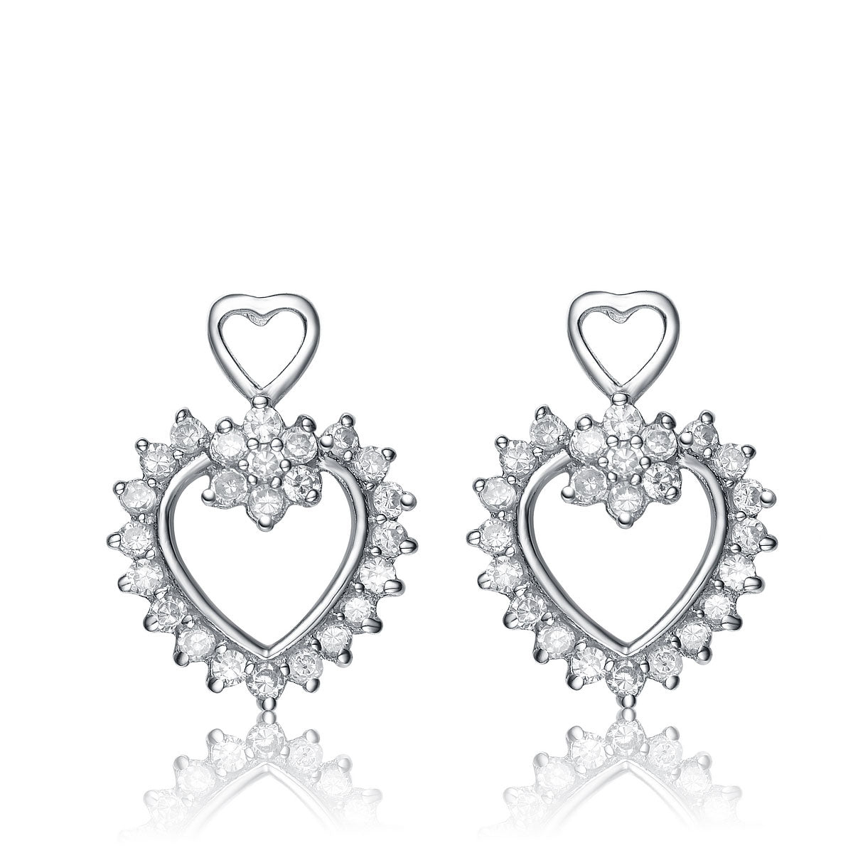 Sterling Silver Cubic Zirconia Double Open Heart Earrings