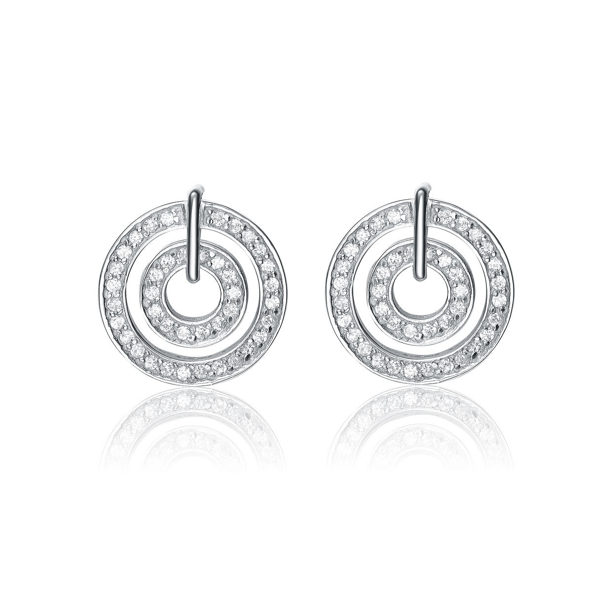 Sterling Silver White Gold Plated With Clear Cubic Zirconia Dual Circle Earrings