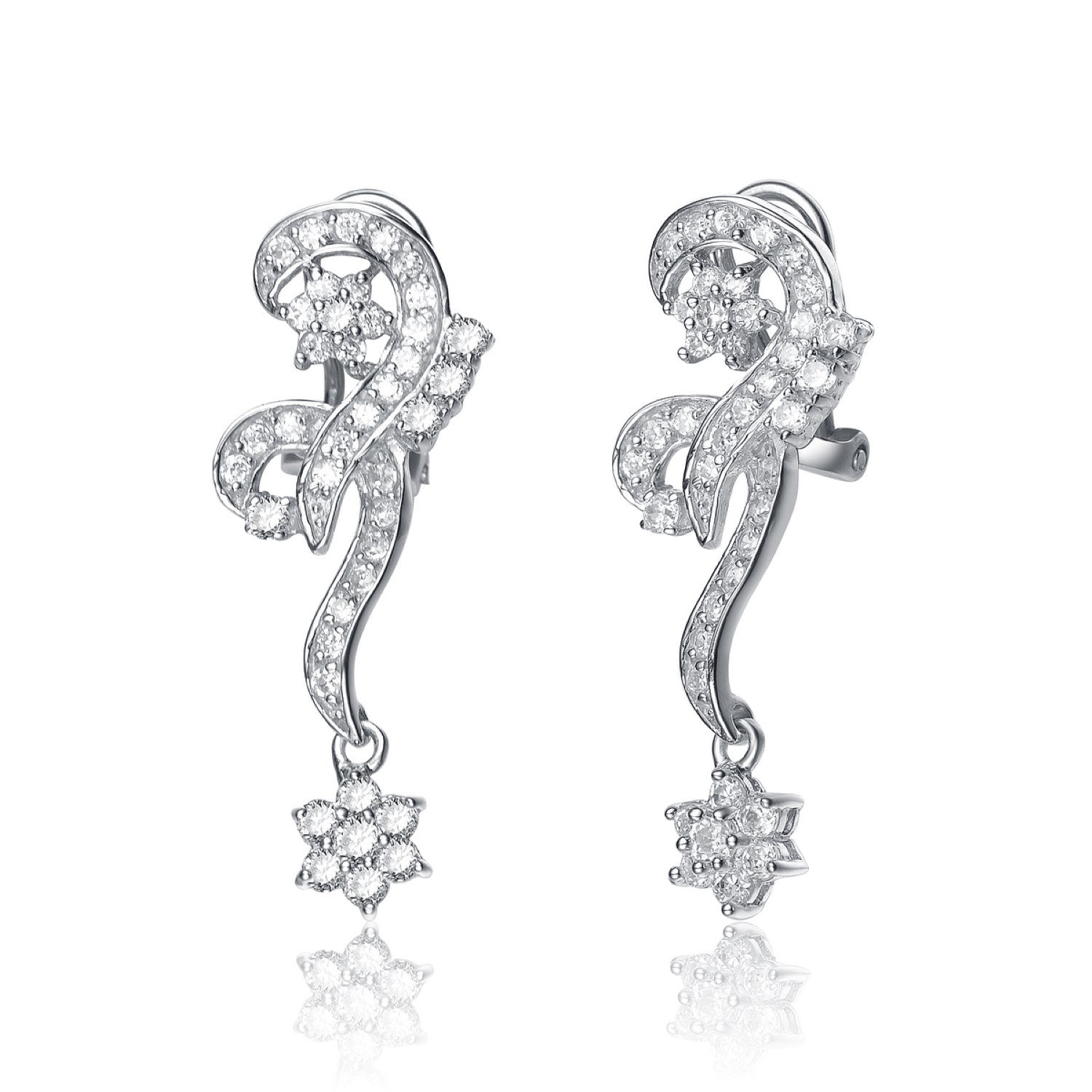 Sterling Silver White Gold Plated With Clear Cubic Zirconia Filigree Earrings