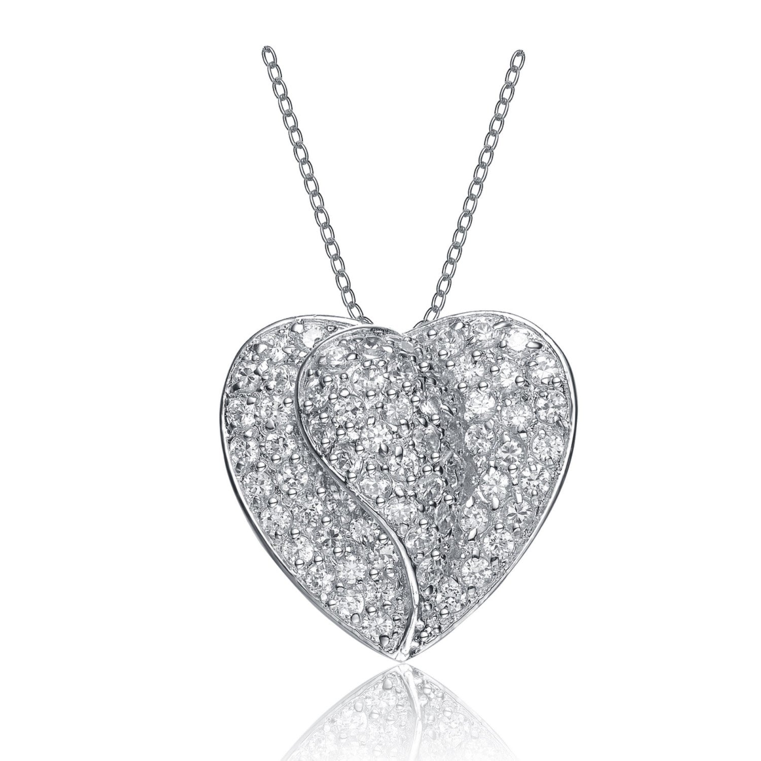 Sterling Silver Cubic Zirconia Heart Shape Dangling Pendant Necklace
