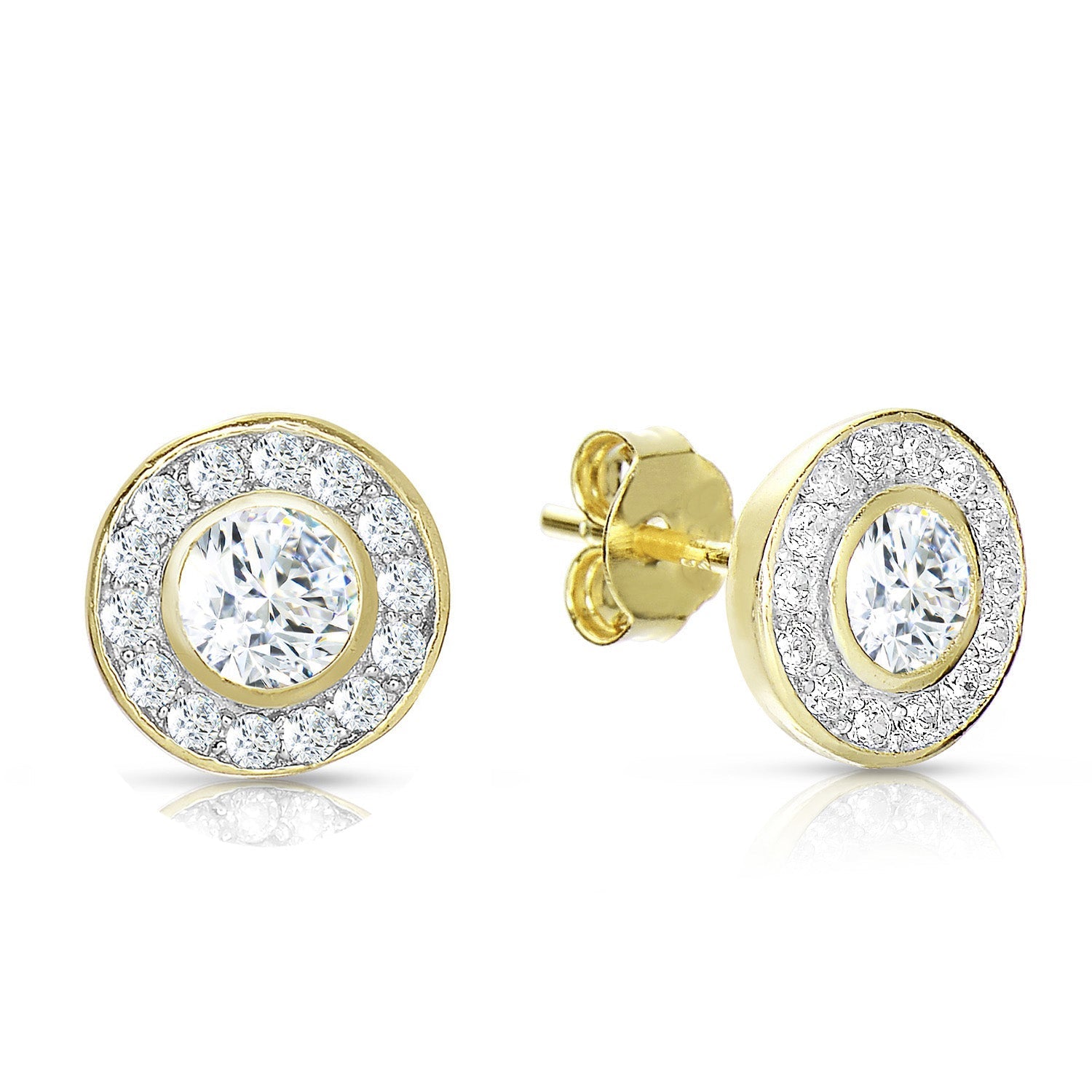 Sterling Silver Gold Plated Cubic Zirconia Round Stud Earrings