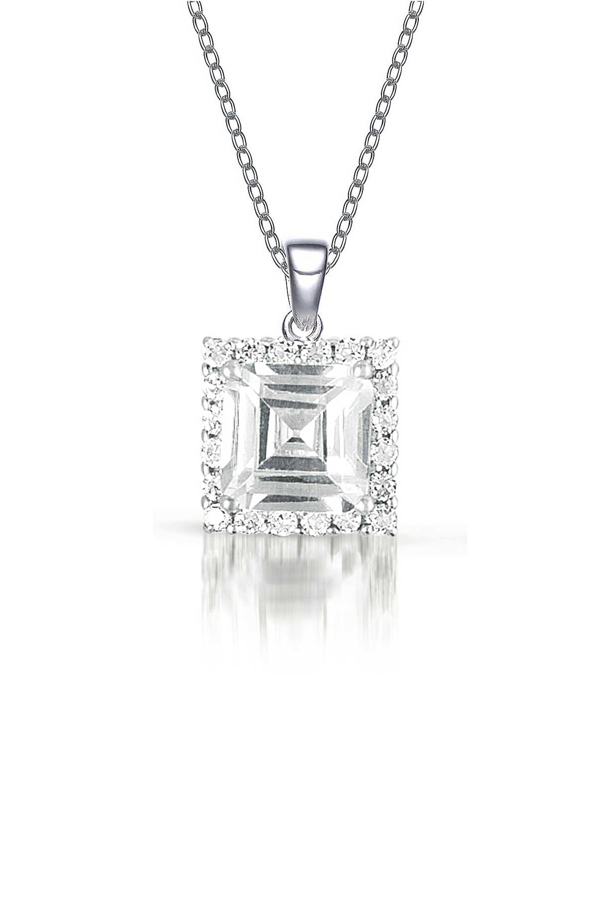 Sterling Silver Clear Cubic Zirconia Square Shape Necklace