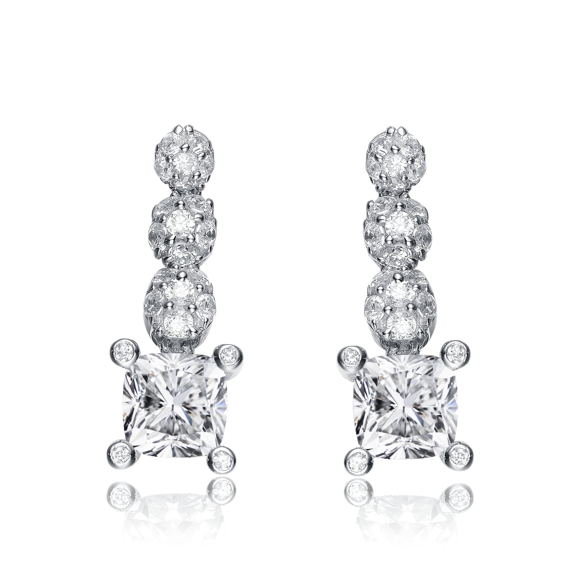 Sterling Silver White Gold Plated With Three Round Clear Cubic Zirconia Square Stud Drops